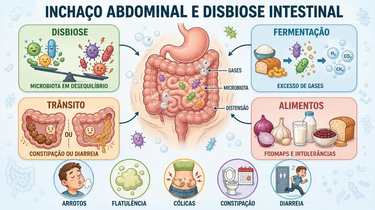 Infográfico resume disbiose, fermentação, trânsito intestinal e alimentos que agravam distensão.