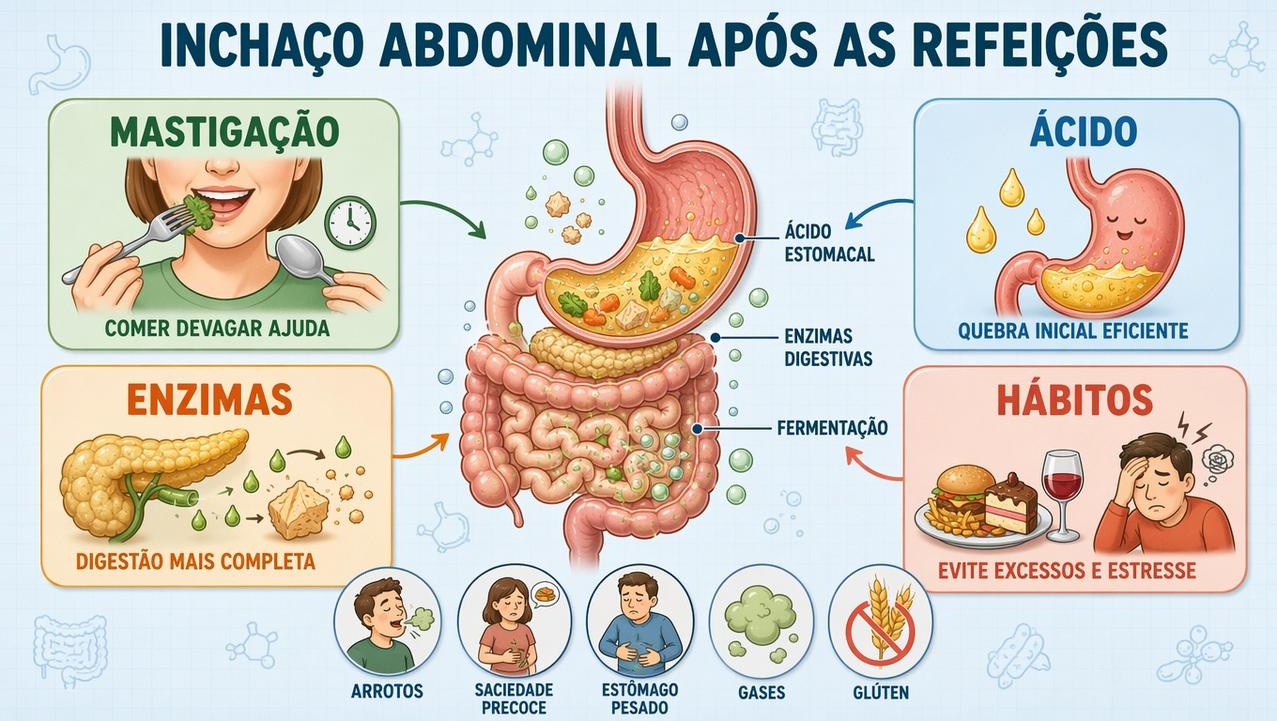 Mastigação, ácido, enzimas e hábitos influenciam gases e distensão após comer.