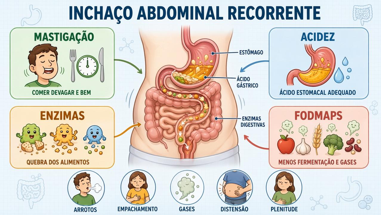 Mastigação, acidez, enzimas e FODMAPs influenciam o inchaço abdominal persistente.