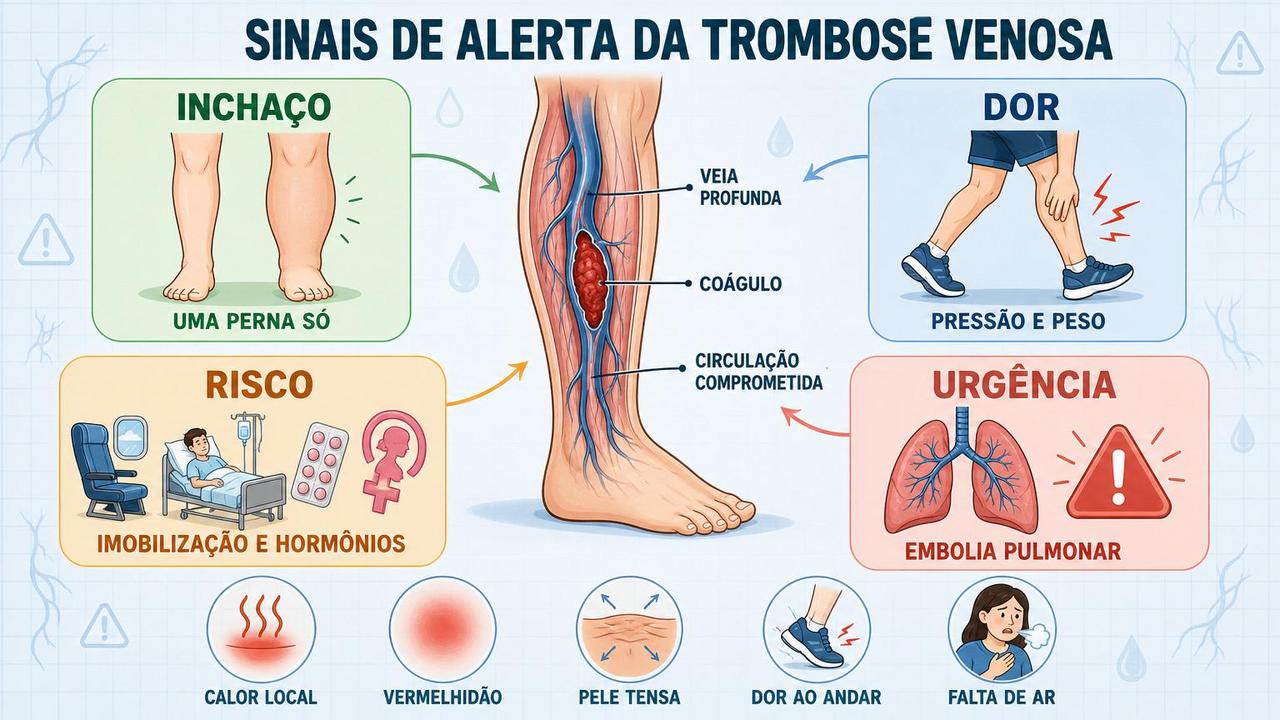 O infográfico resume sinais, riscos e urgências ligados à trombose venosa.