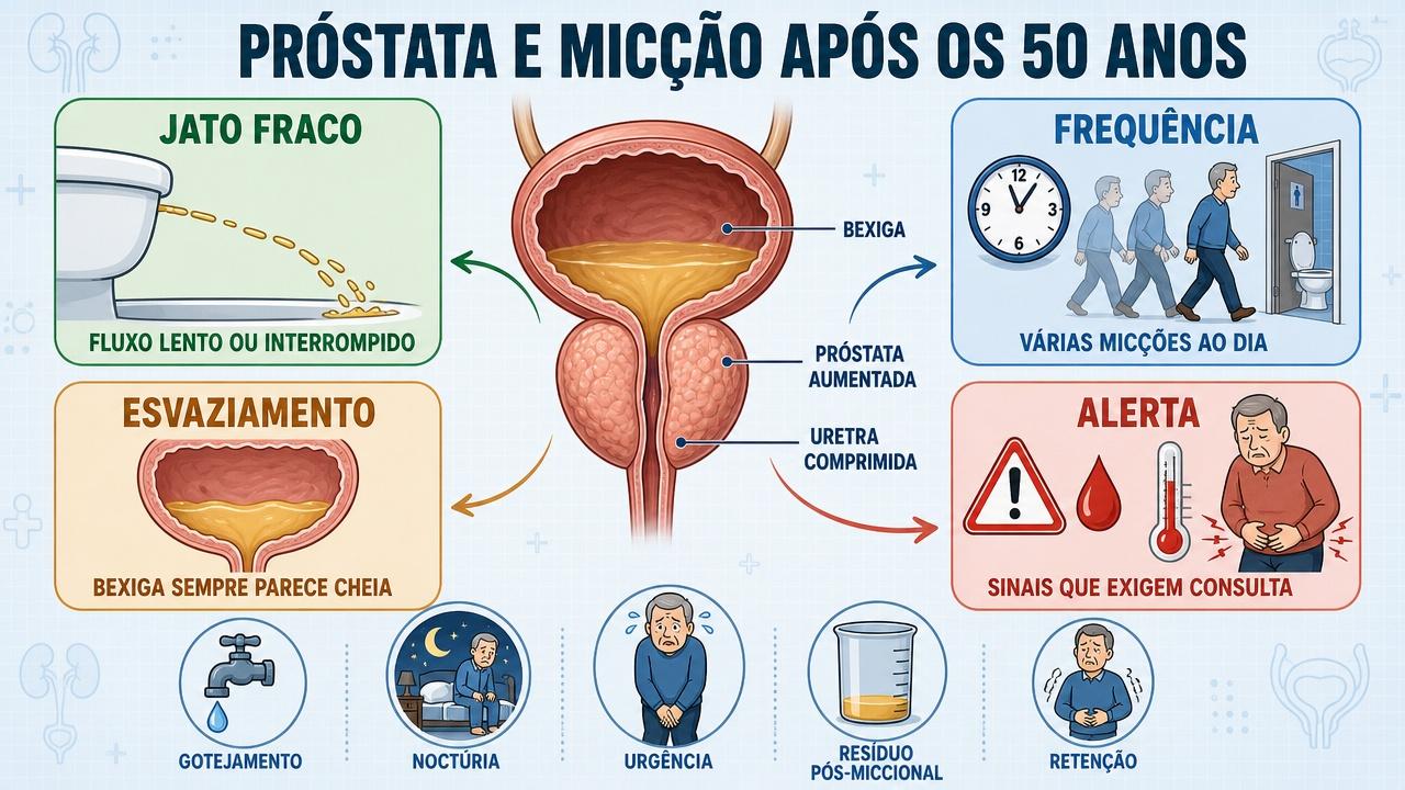 Infográfico resume sintomas, sinais de alerta e obstrução urinária pela próstata aumentada.