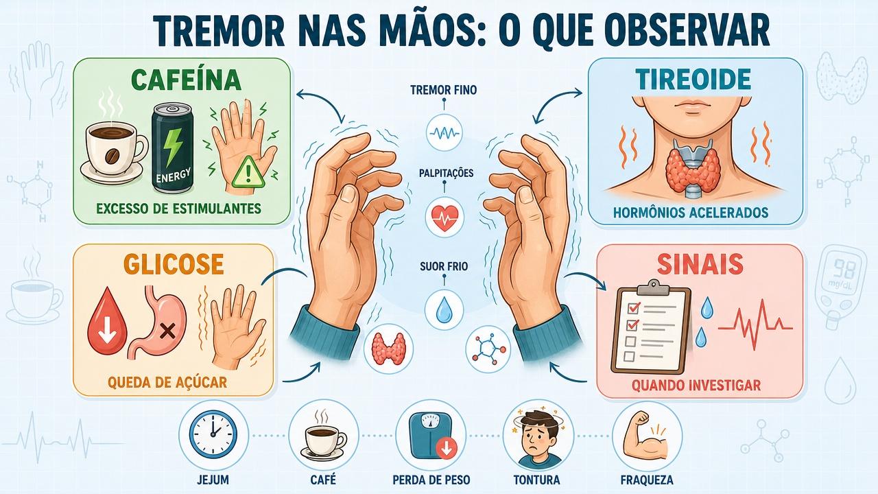 Infográfico mostra quatro pilares para investigar causas comuns de tremor nas mãos.