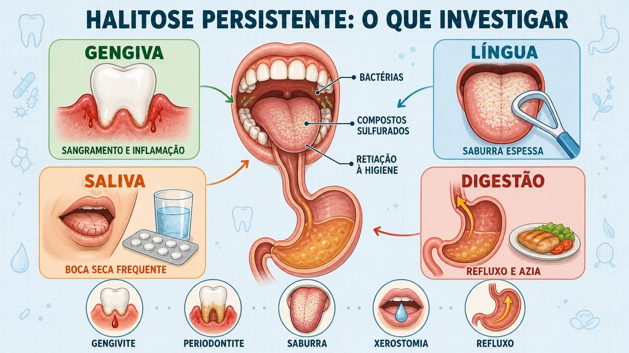Quatro pontos centrais na investigação da halitose persistente e recorrente.