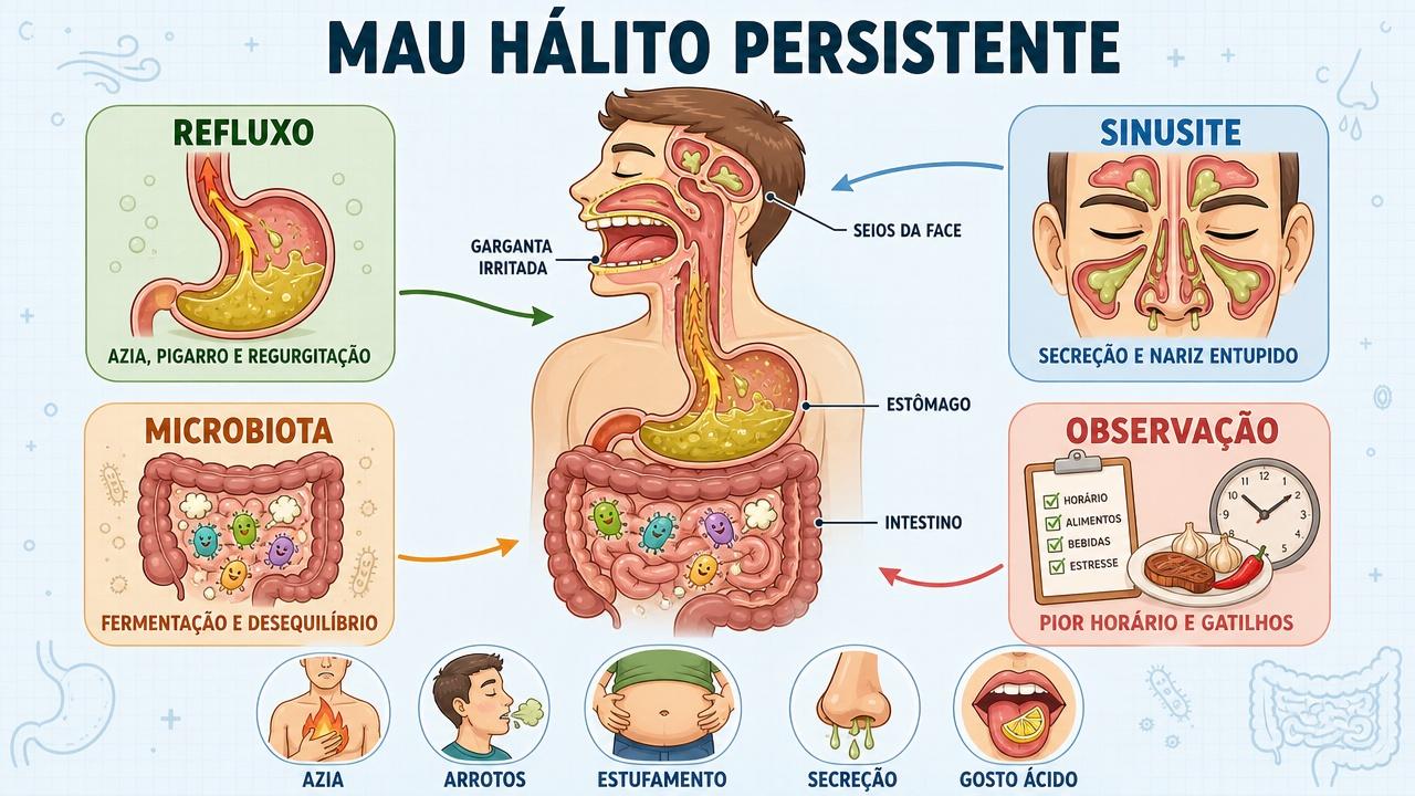 Infográfico mostra quatro pistas principais por trás do mau hálito persistente.