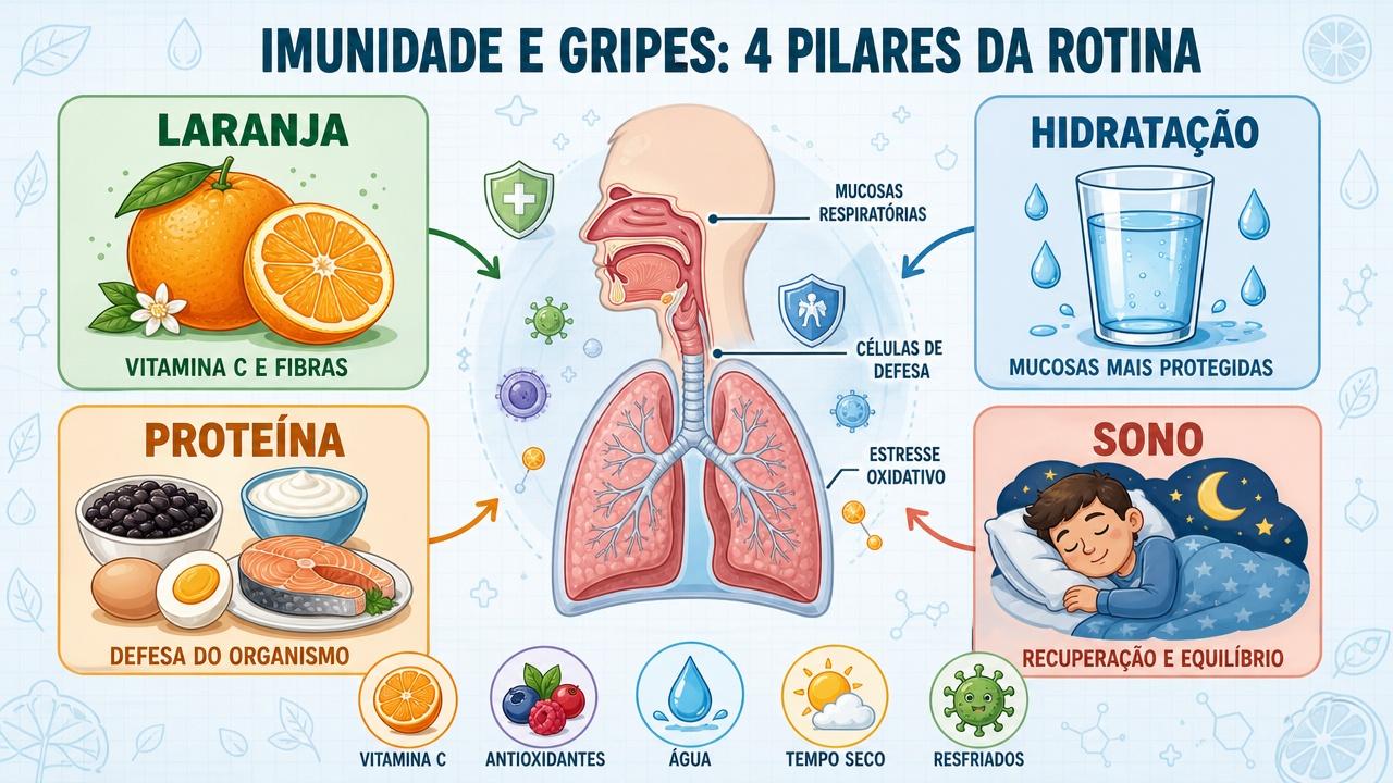 Laranja, hidratação, proteína e sono formam pilares contra gripes frequentes.