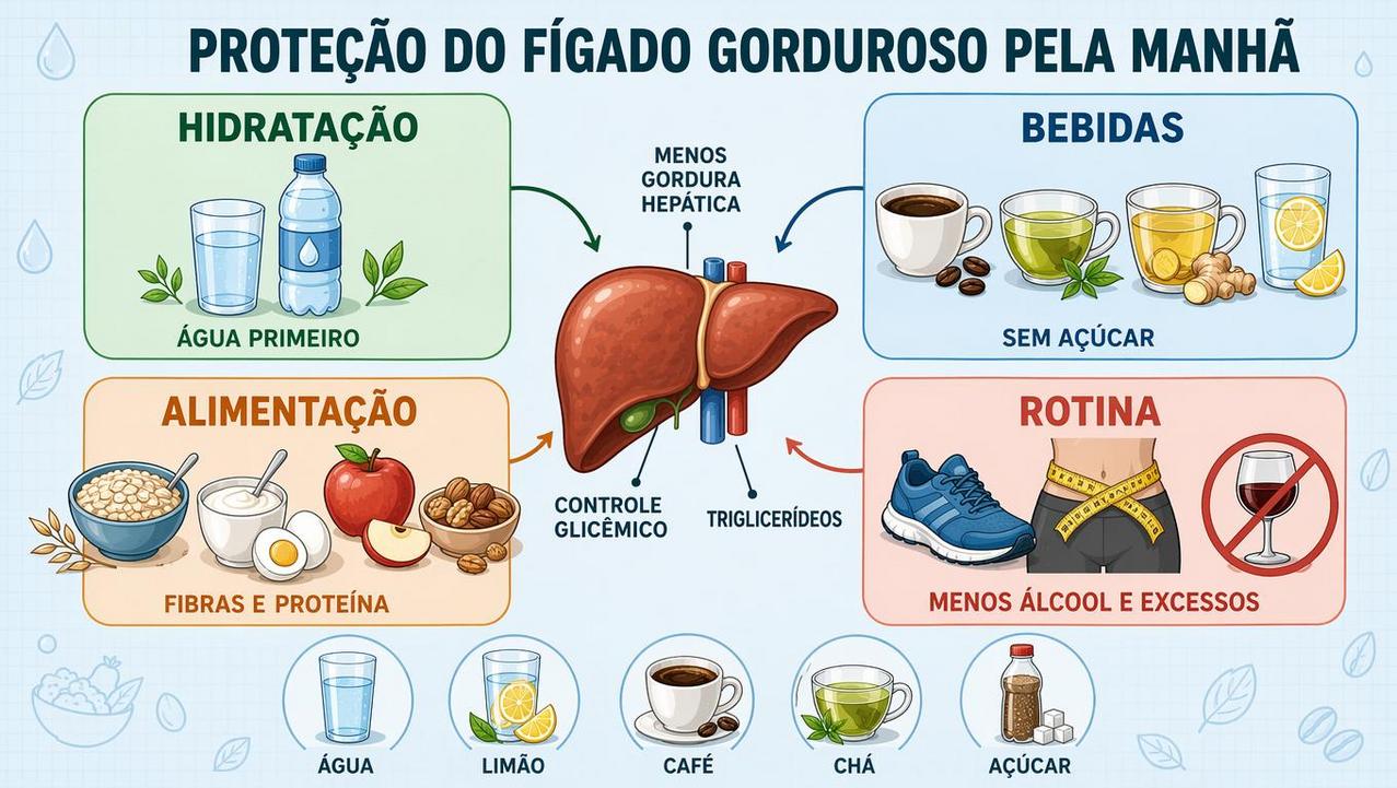 Hidratação, bebidas simples, fibras e rotina saudável formam os pilares matinais.
