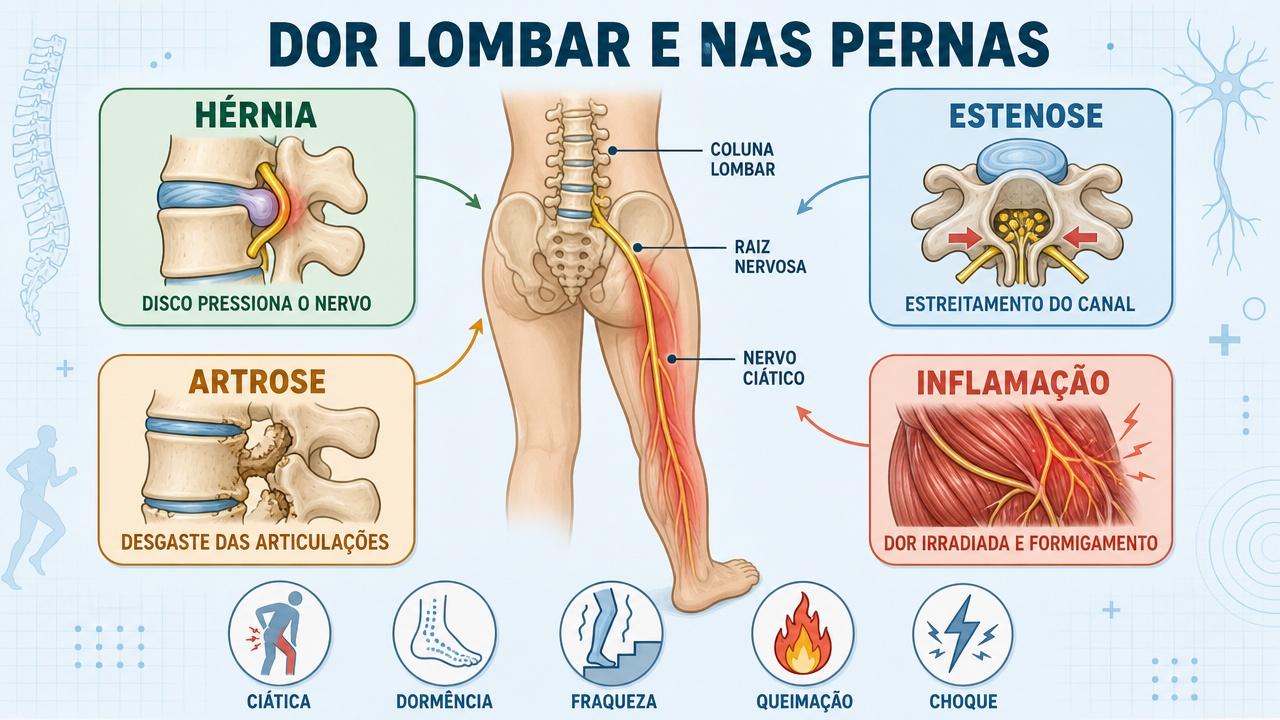 Hérnia, estenose, artrose e inflamação explicam a dor irradiada.