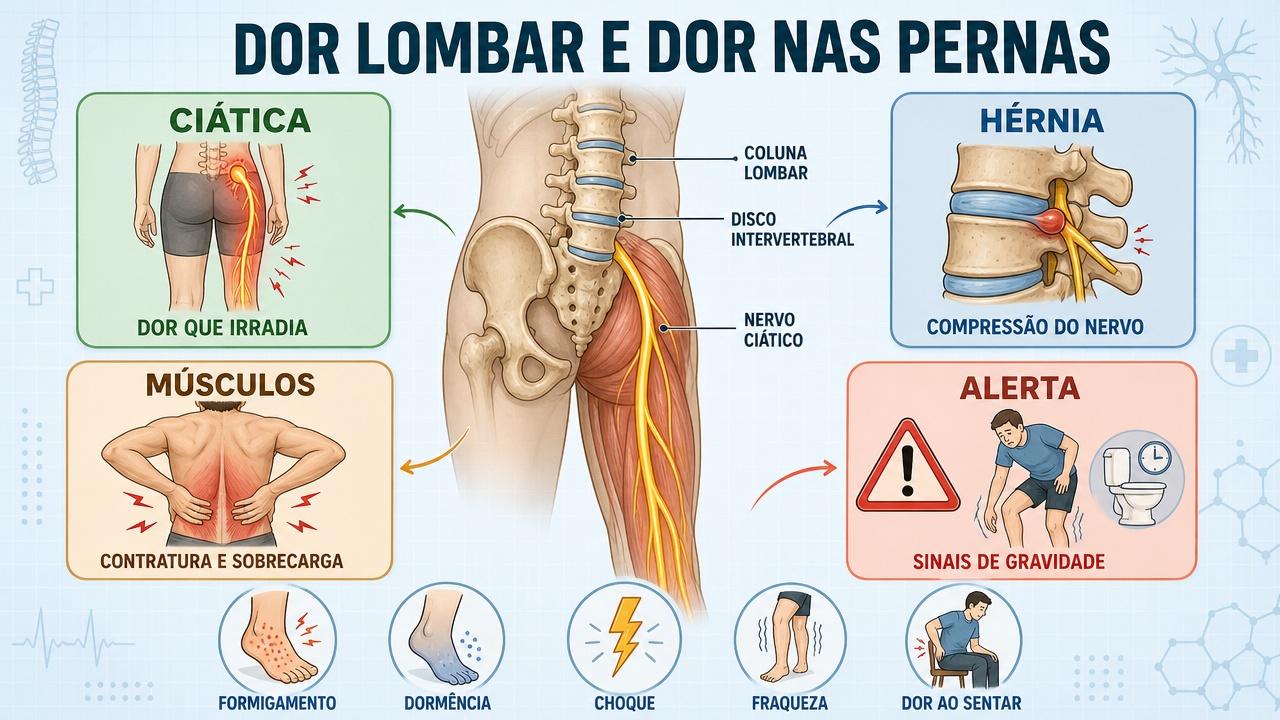 Ciática, hérnia, tensão muscular e sinais de alerta explicam a dor irradiada.