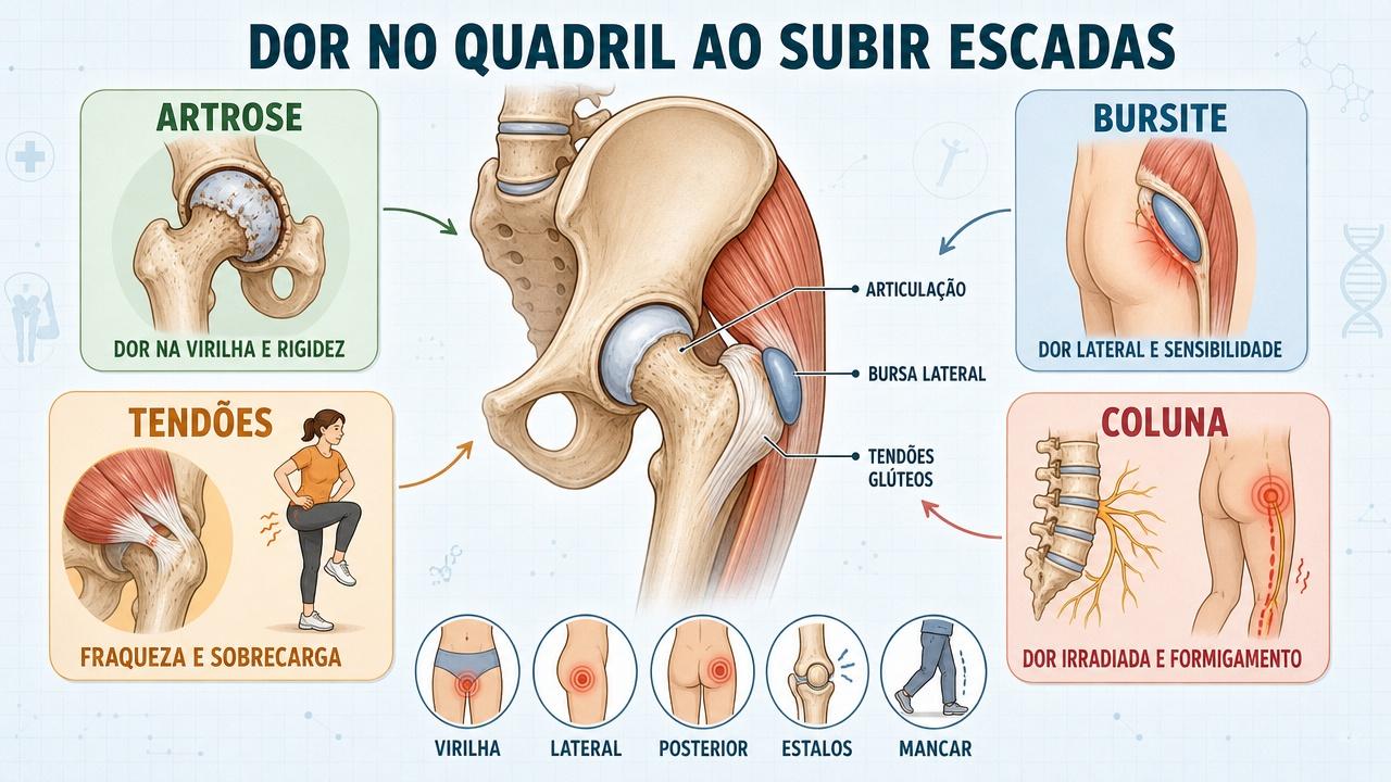 Infográfico resume as principais causas e sinais da dor no quadril.