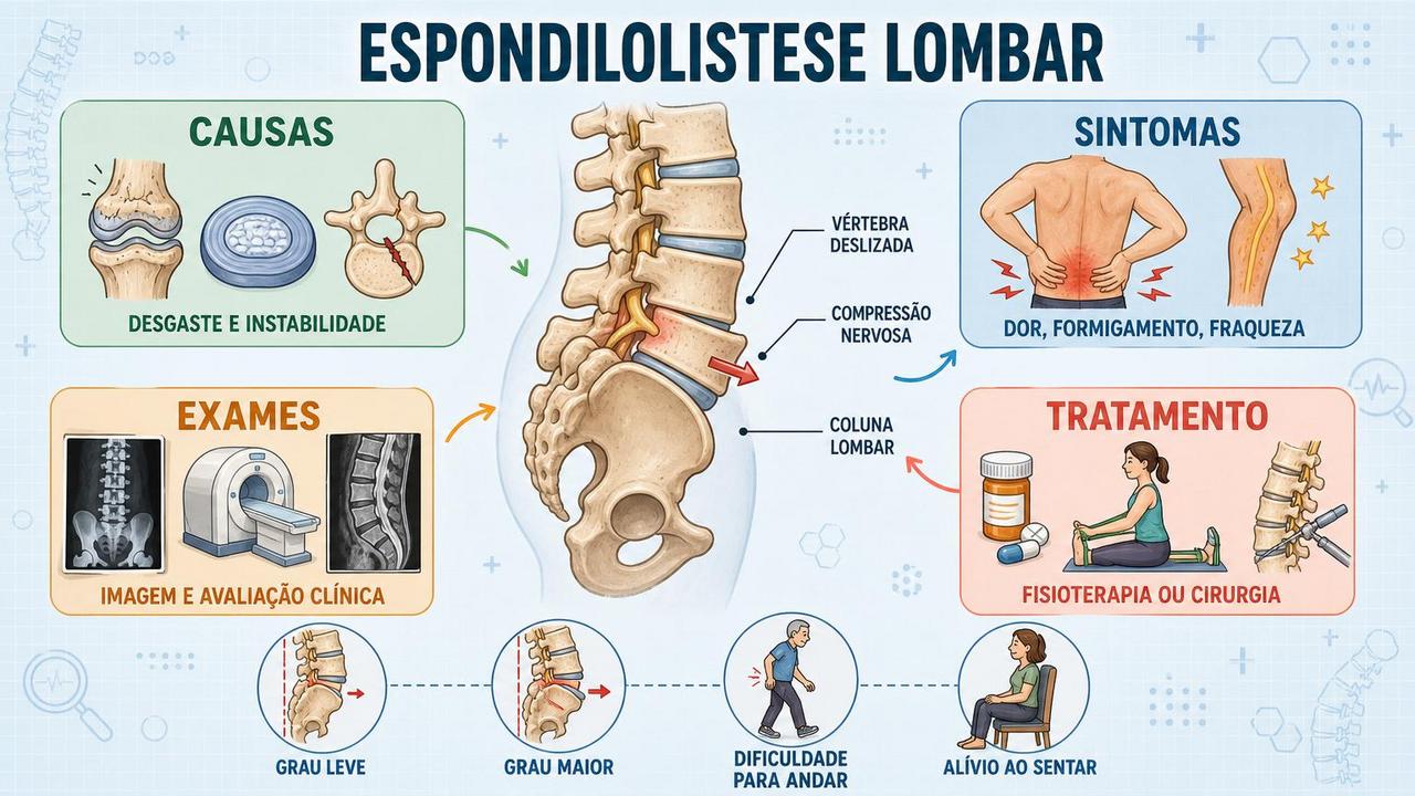 Infográfico resume causas, sintomas, exames e tratamento da espondilolistese lombar.