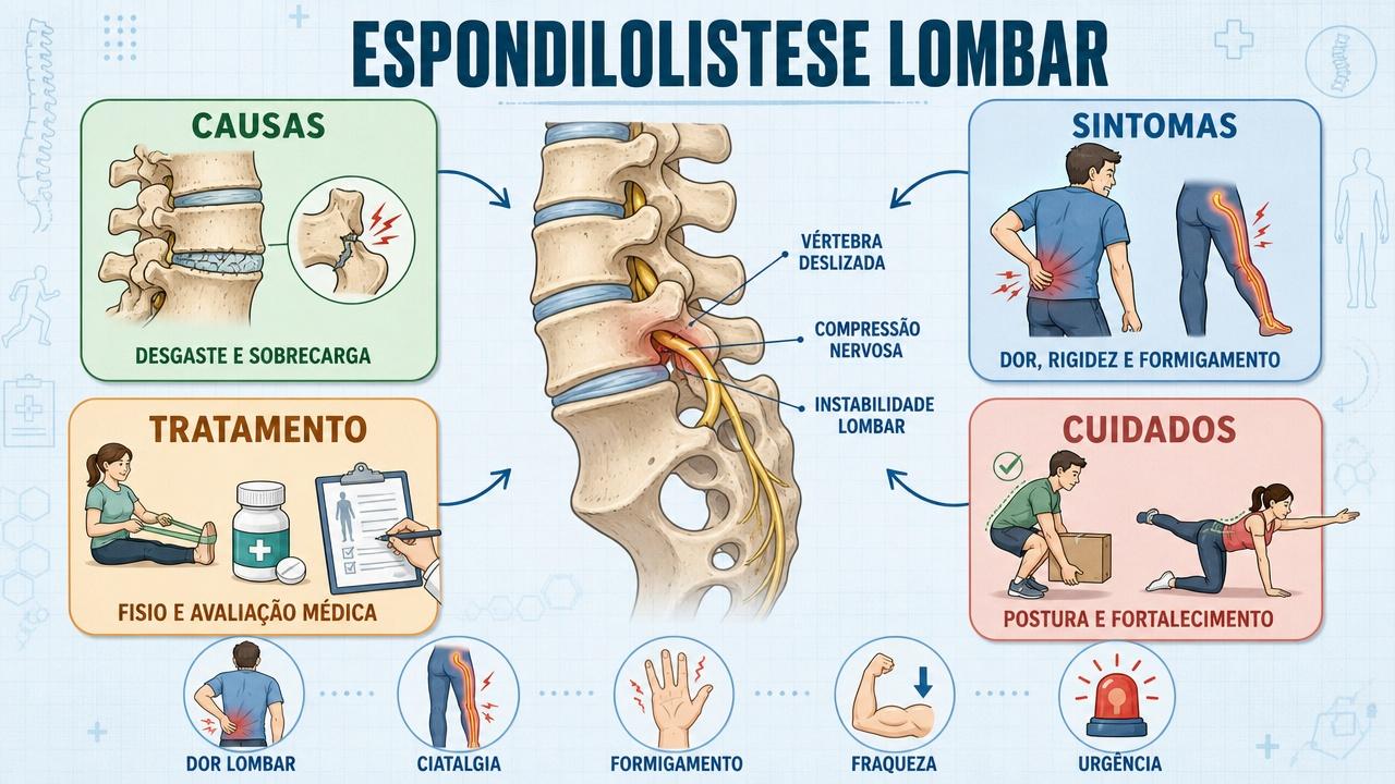 Infográfico resume causas, sintomas, tratamento e cuidados diários da espondilolistese lombar.