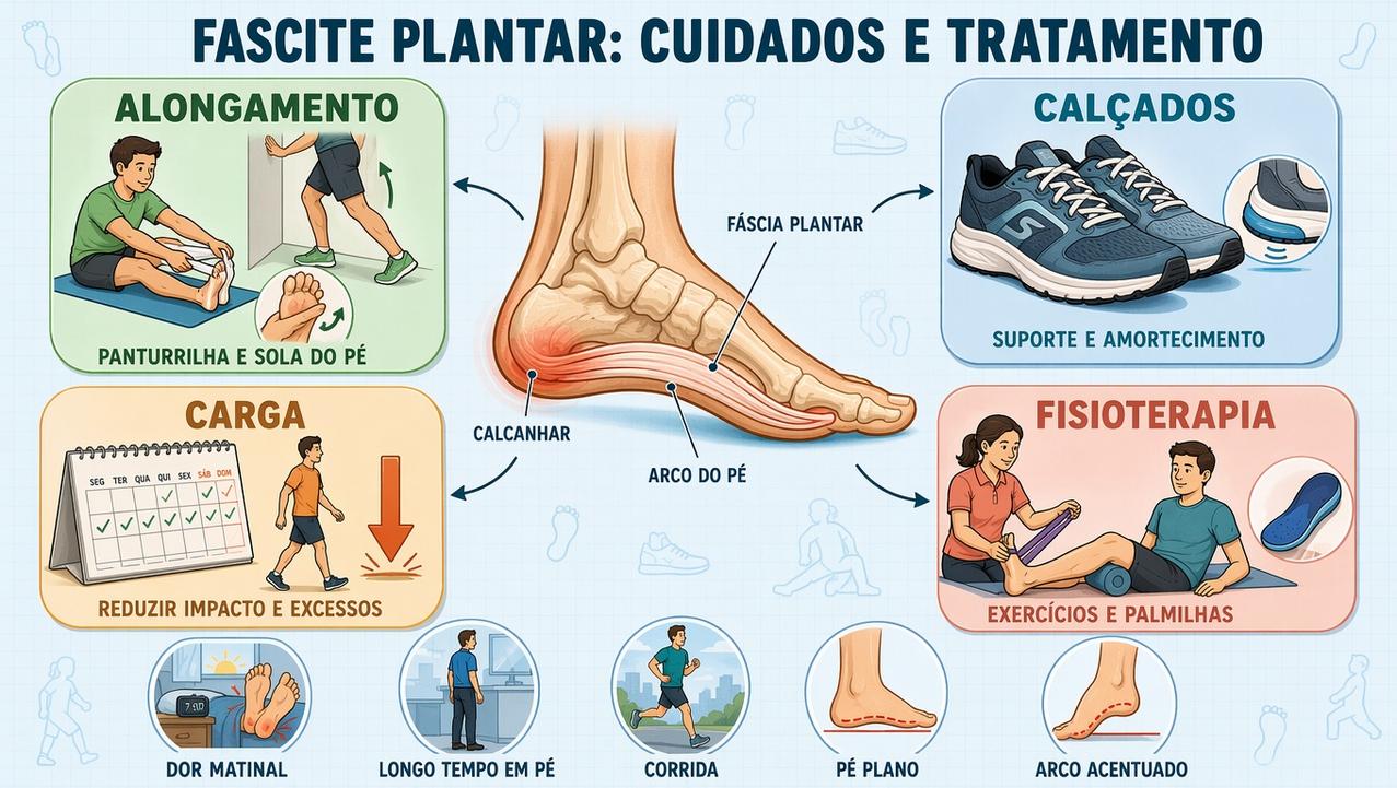 Alongamento, calçado, controle de carga e fisioterapia ajudam na fascite plantar.