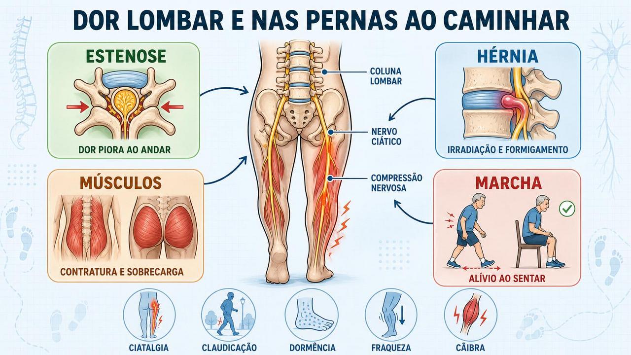 Infográfico resume causas, sinais e padrões da dor lombar ao caminhar.