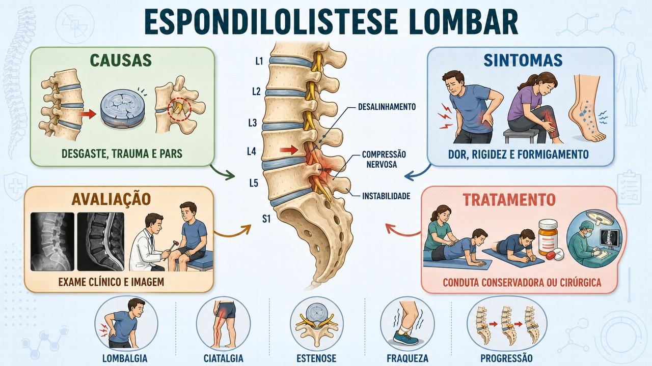 Causas, sintomas, avaliação e tratamento orientam o manejo da espondilolistese lombar.