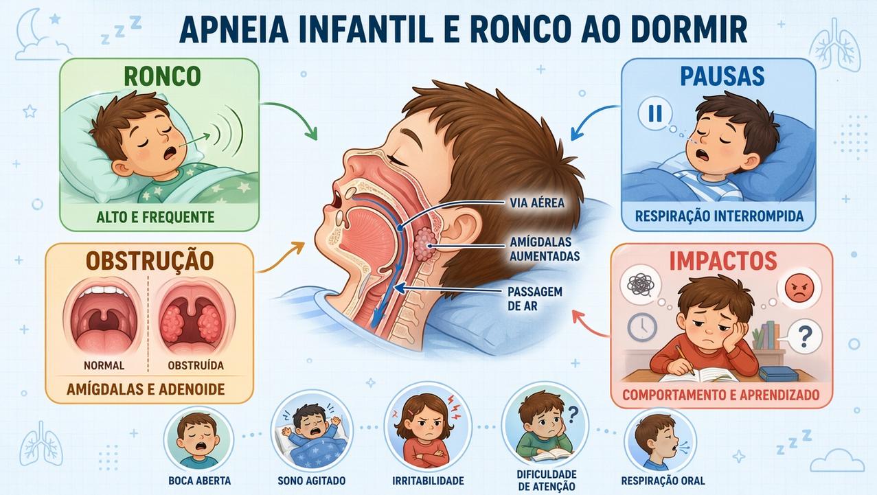 Infográfico resume sinais, causas e impactos da apneia infantil no sono.