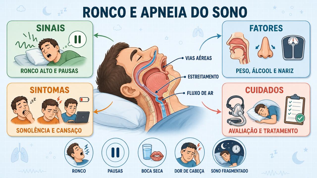 Infográfico resume sinais, fatores, sintomas e cuidados na apneia obstrutiva do sono.