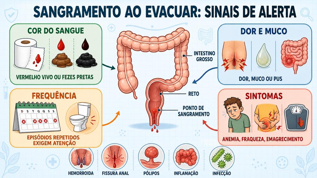 Cor do sangue, dor, frequência e sintomas associados orientam a urgência.