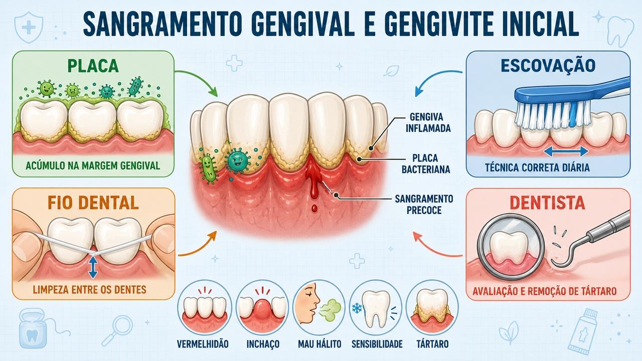 Infográfico resume placa, escovação, fio dental e dentista contra a gengivite.