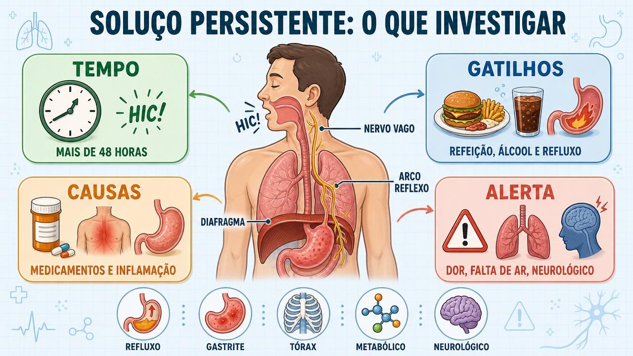 Tempo, gatilhos, causas e sinais de alerta orientam a avaliação do soluço.