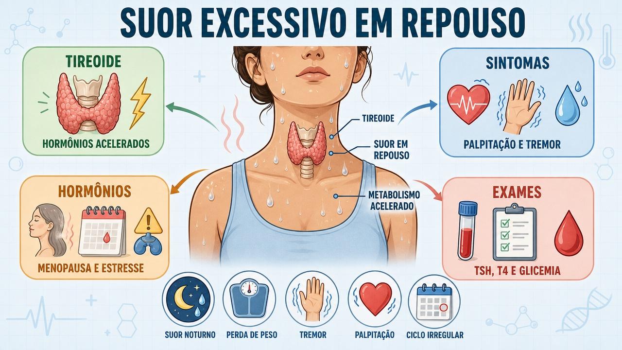 Infográfico resume tireoide, sintomas, hormônios e exames na sudorese persistente.