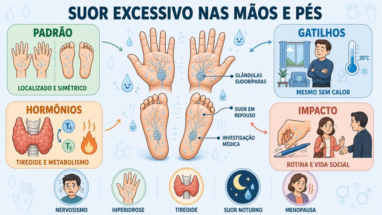 Infográfico resume padrão, gatilhos, hormônios e impacto do suor excessivo.