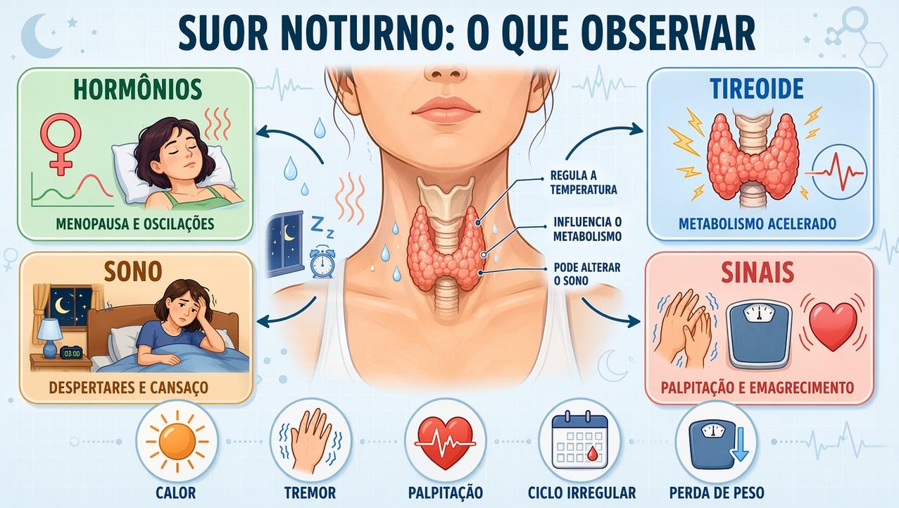 Hormônios, tireoide, sono e sinais associados ajudam a investigar o suor noturno.