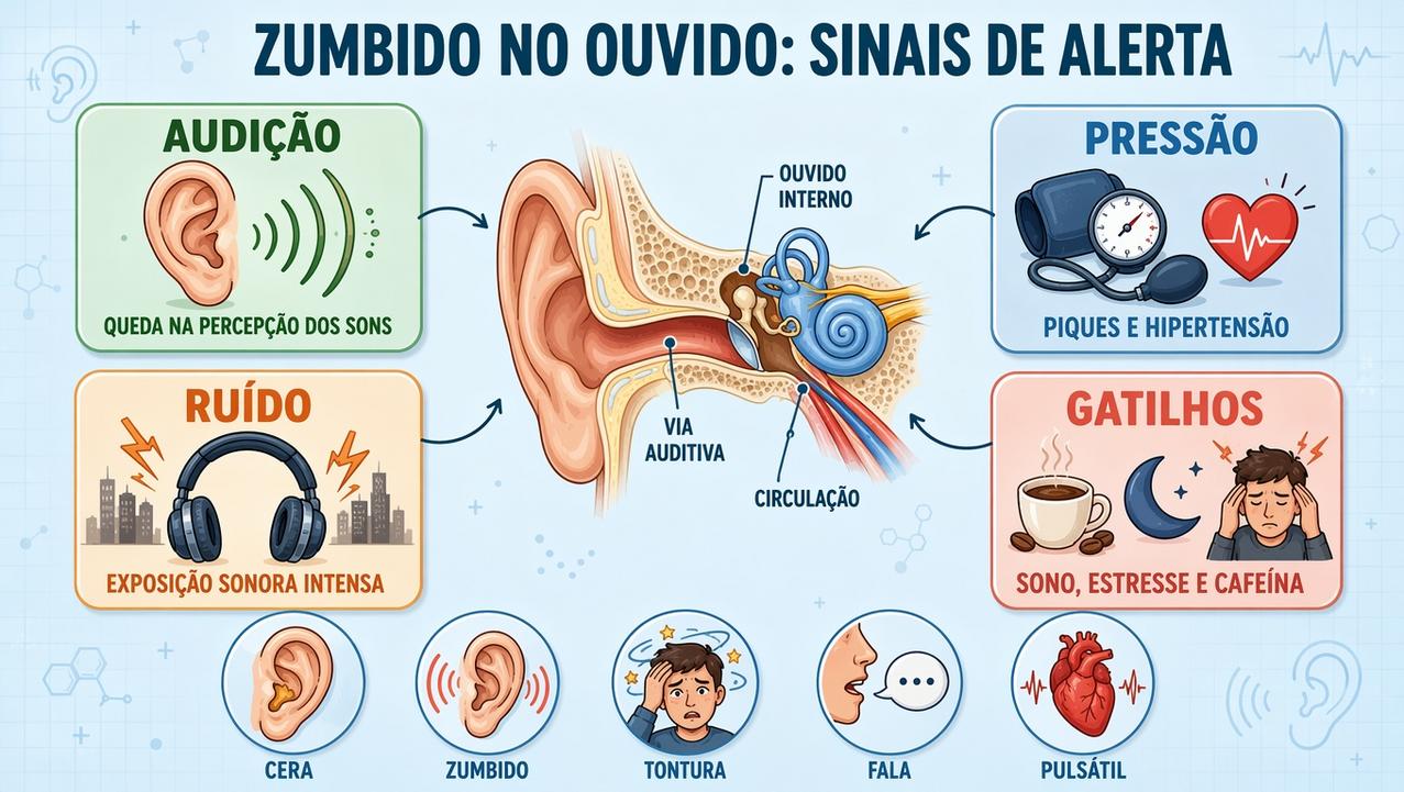 Infográfico resume audição, pressão, ruído e gatilhos ligados ao zumbido.