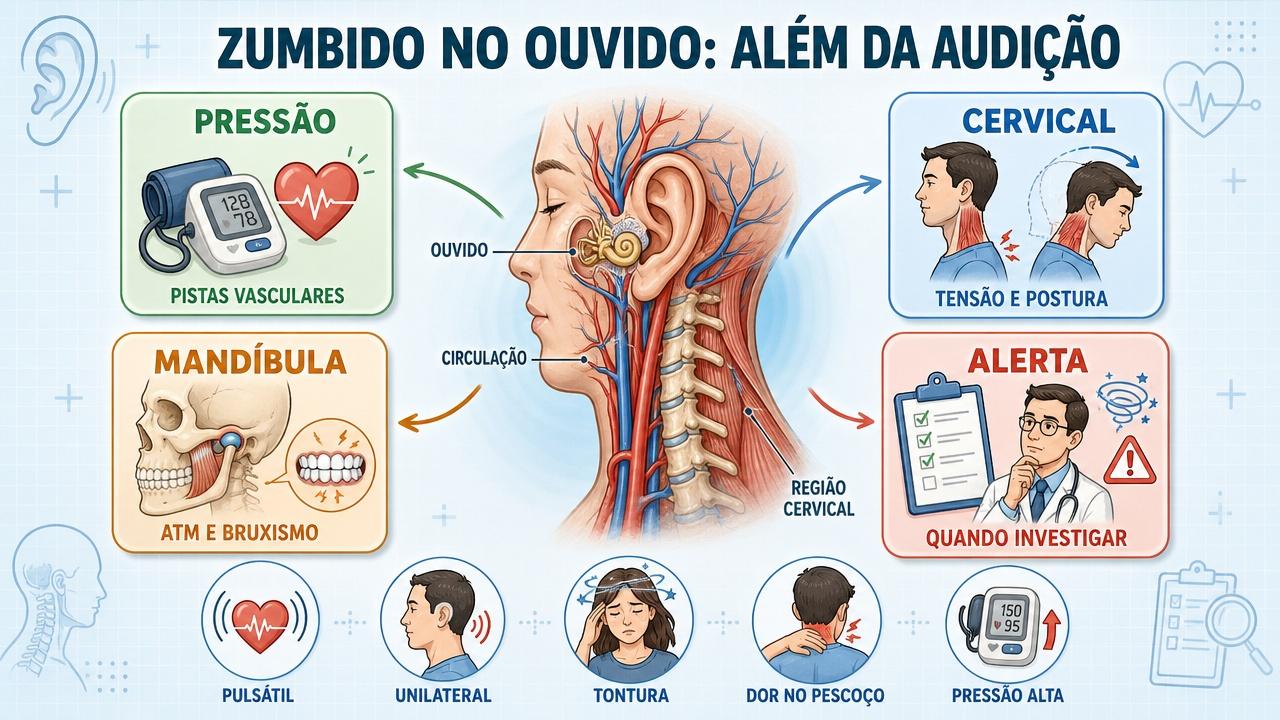 Infográfico mostra pressão, cervical, mandíbula e sinais de alerta no zumbido.