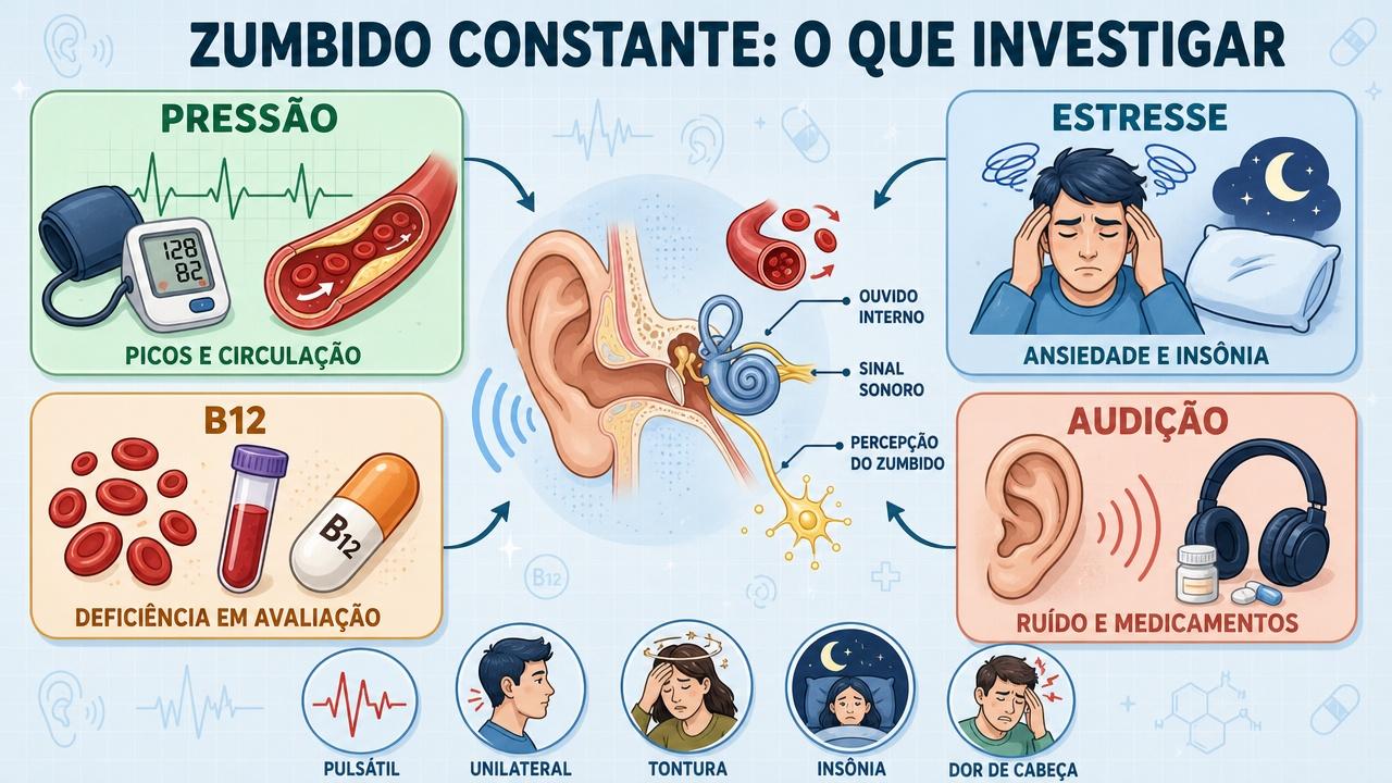 Infográfico resume quatro frentes de investigação clínica para zumbido persistente.