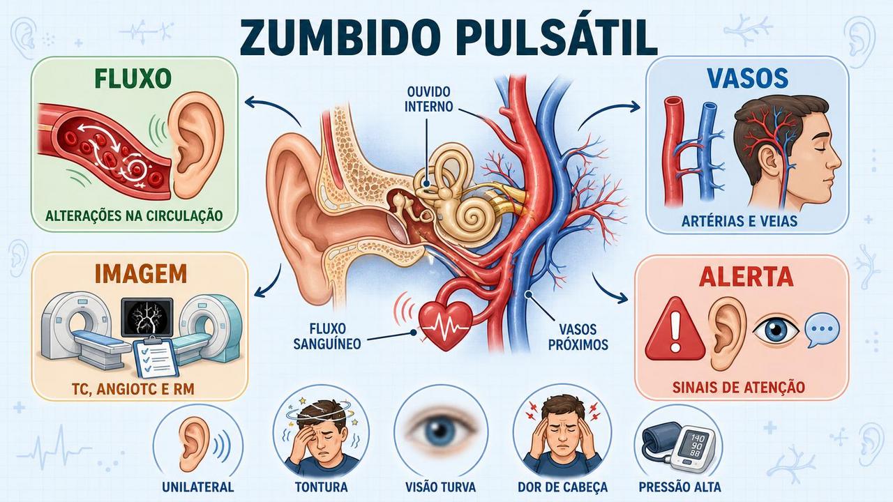 Infográfico resume circulação, vasos, exames e sinais de alerta do zumbido pulsátil.