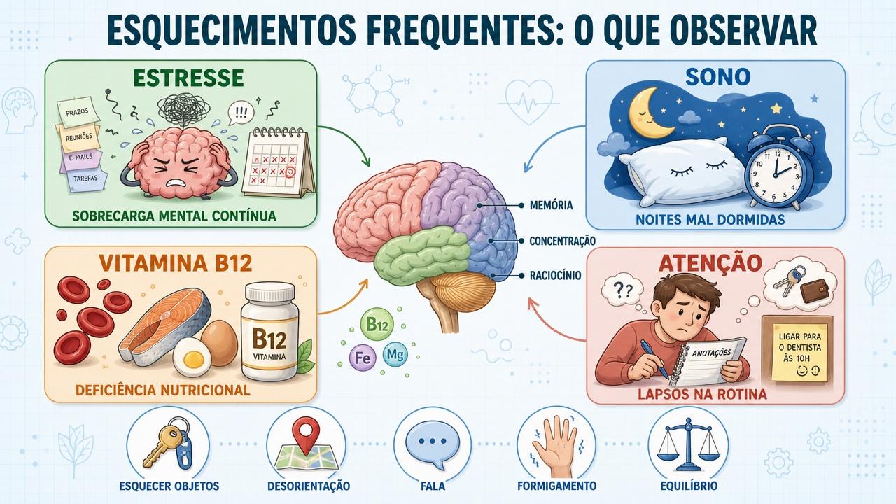 Infográfico resume os principais fatores e sinais ligados aos esquecimentos frequentes.
