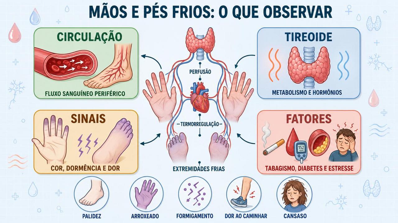 Infográfico resume circulação, tireoide, sinais associados e fatores de risco.