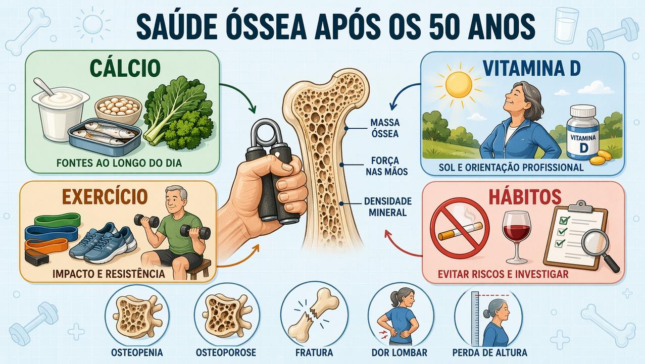 Cálcio, vitamina D, exercício e hábitos saudáveis sustentam a saúde óssea.