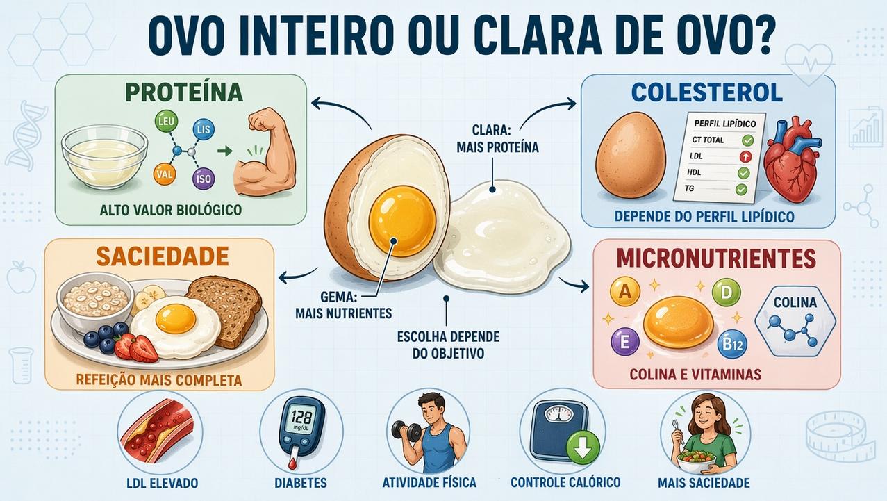 Proteína, colesterol, saciedade e micronutrientes orientam a escolha entre clara e ovo inteiro.