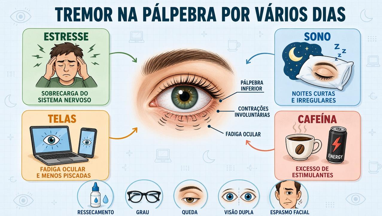 Infográfico resume estresse, sono, telas e cafeína no tremor da pálpebra.