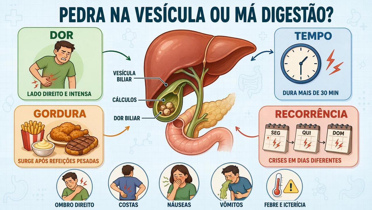 Infográfico resume dor, tempo, gordura e recorrência na cólica biliar.