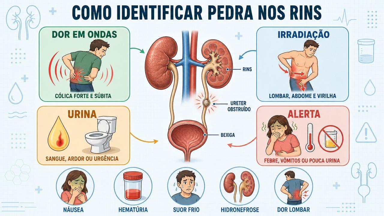 Infográfico mostra sinais que diferenciam cálculo renal de uma dor lombar.