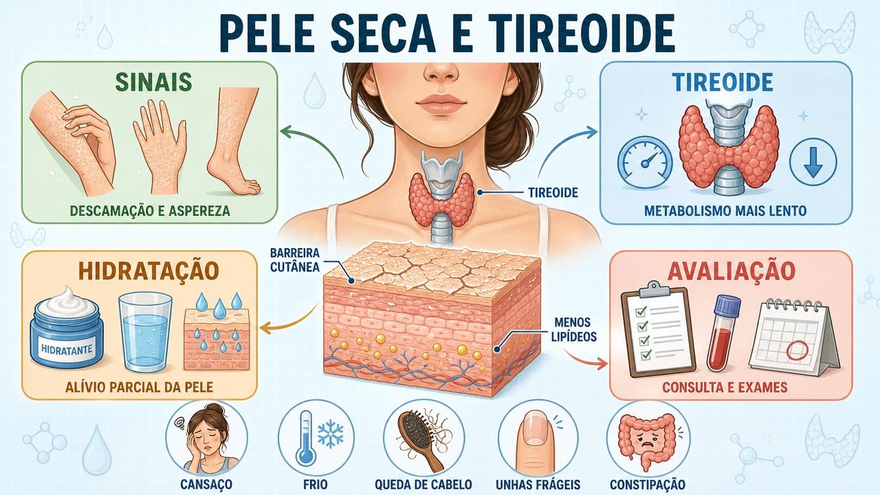 Infográfico resume sinais, tireoide, hidratação e avaliação na pele seca persistente.