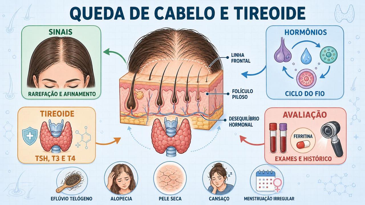 Sinais, hormônios, tireoide e avaliação médica orientam a investigação da queda capilar.