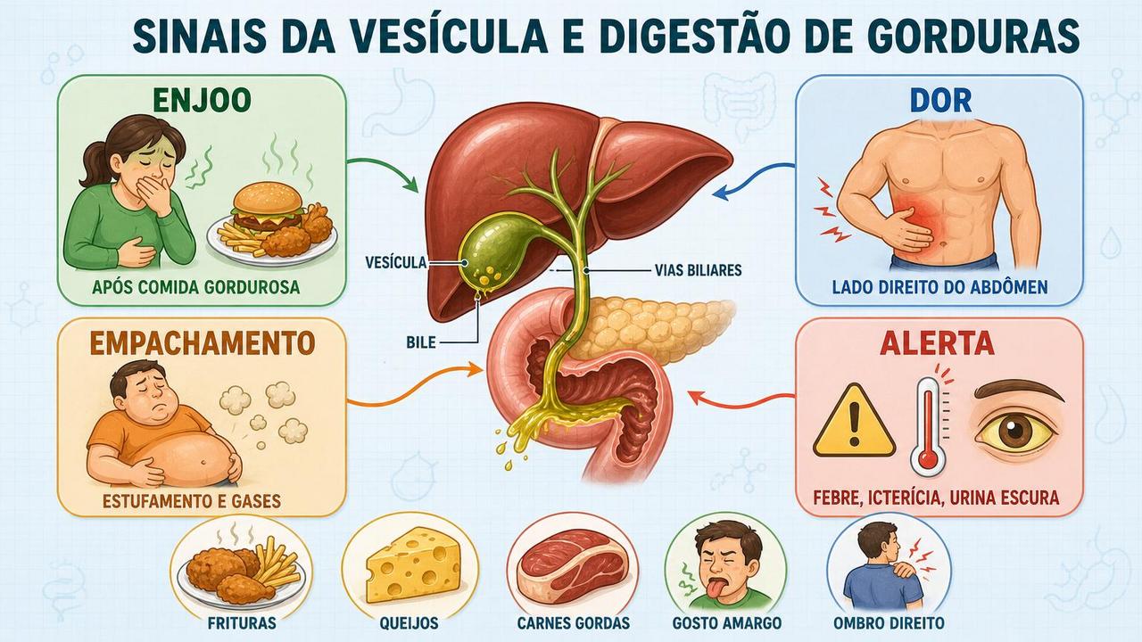 Infográfico mostra sinais biliares, gatilhos alimentares e alertas que exigem avaliação.
