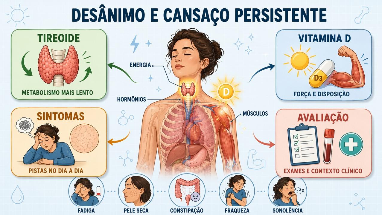Infográfico resume tireoide, vitamina D, sintomas e avaliação do cansaço persistente.
