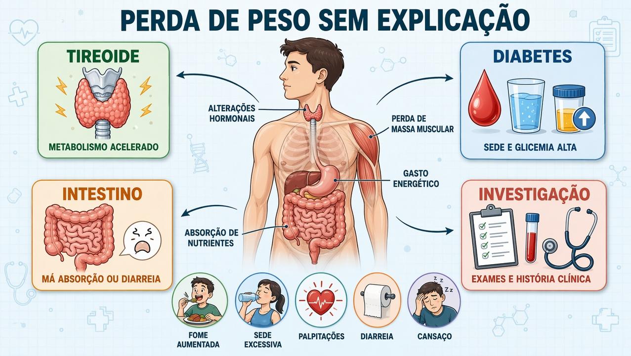 Tireoide, diabetes, intestino e exames orientam a investigação da perda involuntária.
