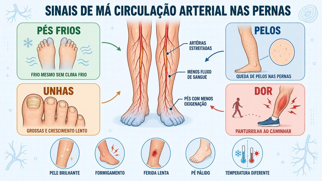 Infográfico mostra quatro sinais principais e alertas de circulação arterial reduzida.