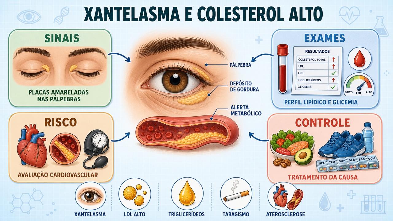 Infográfico resume sinais, exames, risco cardiovascular e controle do xantelasma.