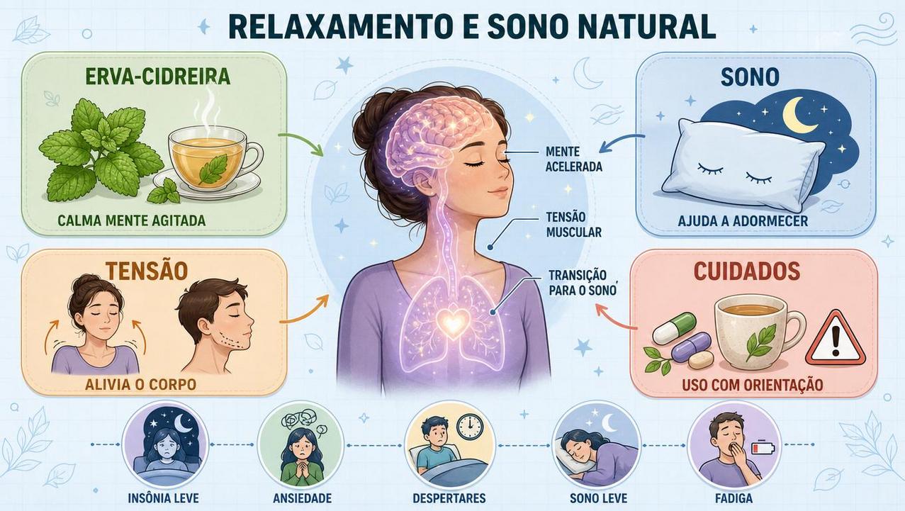 Infográfico resume erva-cidreira, sono, tensão e cuidados no uso fitoterápico.