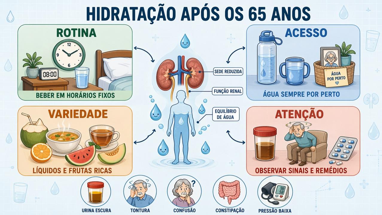 Rotina, acesso, variedade e atenção aos sinais ajudam a prevenir desidratação.