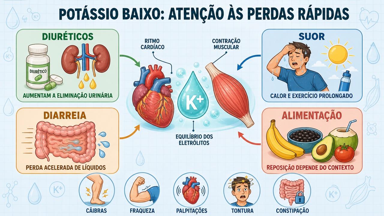 Infográfico resume causas, reposição e sinais de alerta do potássio baixo.