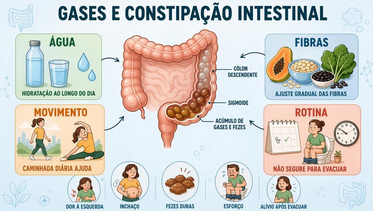 Hidratação, fibras, movimento e rotina intestinal ajudam a aliviar gases e constipação.