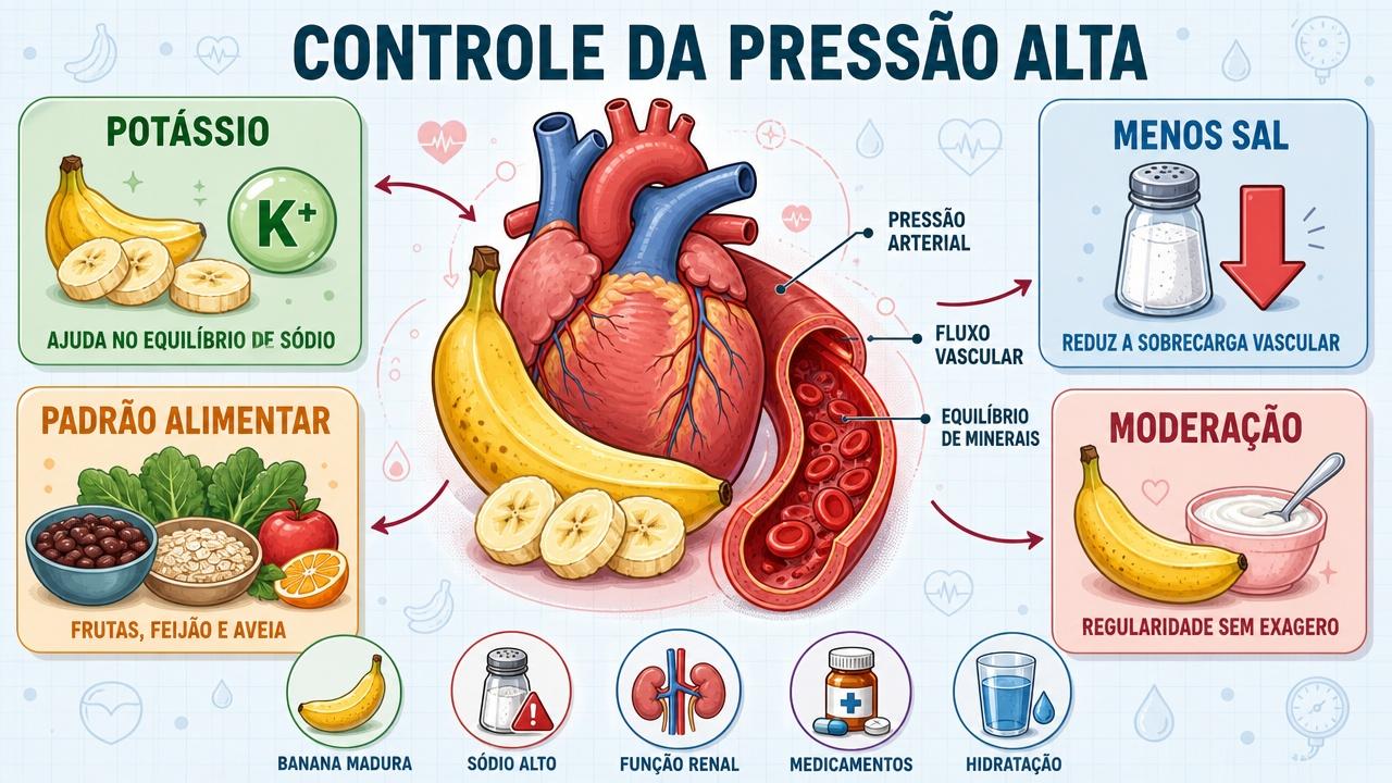 Potássio, menos sal, padrão alimentar e moderação sustentam o controle da hipertensão.
