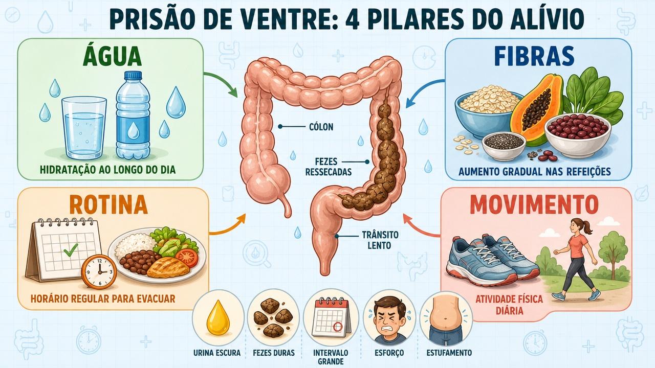 Hidratação, fibras, rotina e movimento formam os quatro pilares contra constipação.